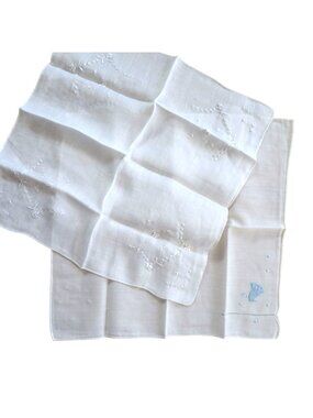 Vintage White Embroidered Handkerchiefs Set of 2 Floral Umbrella Detail Delicate
